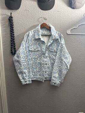 Forever 21 Light Blue Floral and Smiley Face Checkered Denim Jacket